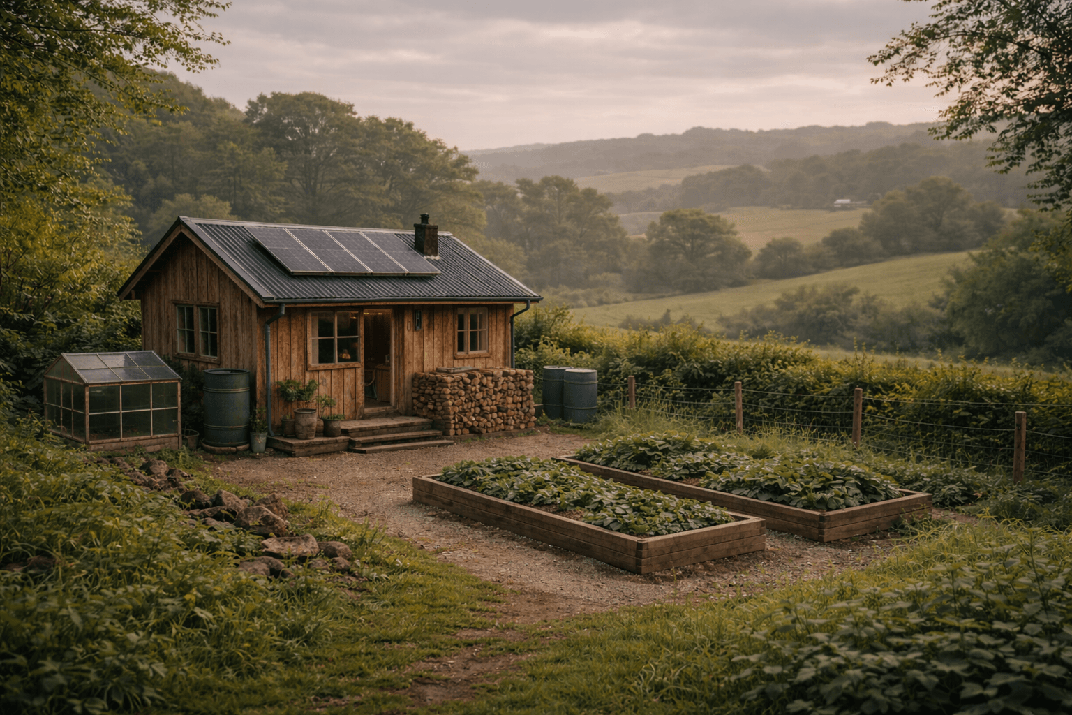 Off Grid Living UK Beginner Guide Setup Off grid living UK beginner setup showing small rural home with garden and solar setup